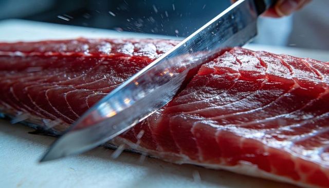 Chef slicing fresh tuna fillet with sharp knife close-up, moist red tuna texture