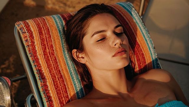Sunbathing young woman reclining on striped beach towel wearing turquoise strapless top