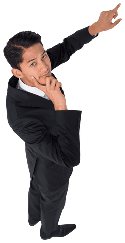 biracial businessman in a sleek suit confidently pointing upwards. capture ideas of leadership and decision making. use this transparent image for business presentations, office environments, or corporate-focused content to symbolize growth and direction.