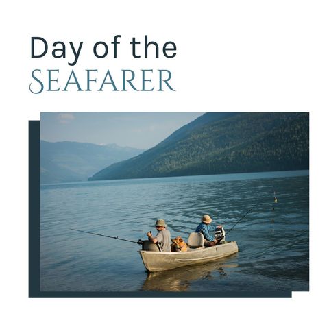 men and dog fishing on lake for day of the seafarer celebration - Download Free Stock Templates Pikwizard.com