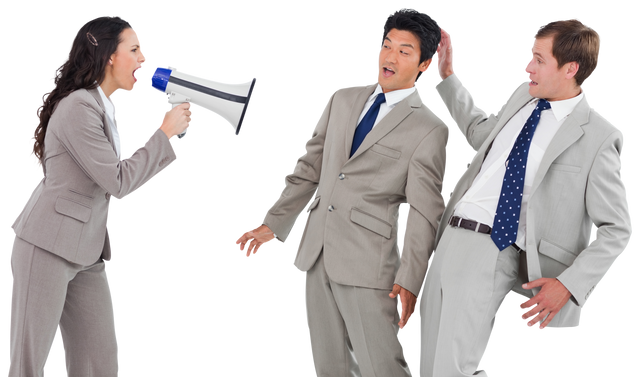 Transparent Stressed Businessman Reaction to Businesswoman Shouting with Megaphone - Download Free Stock Videos Pikwizard.com