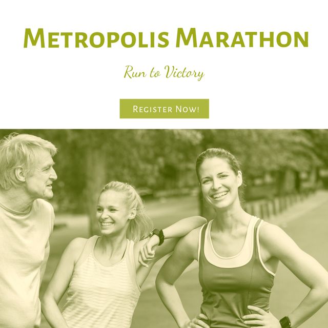 Group of happy runners talking and smiling while promoting Metropolis Marathon. Perfect for fitness flyers, health event advertisements, and community run marketing materials.