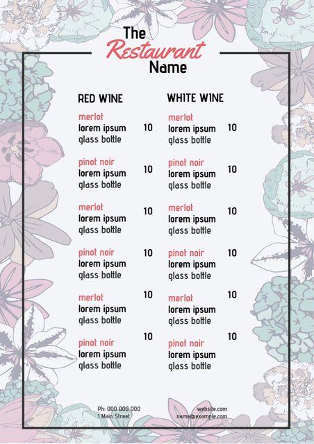 This elegant floral wine menu features a dual-column layout showcasing both red and white wines. Ideal for upscale restaurants and venues looking to enhance their dining experience with a sophisticated menu template. Perfect for easily listing various wine options with attractive design elements, making it suitable for fine dining establishments, wine bars, and special events.