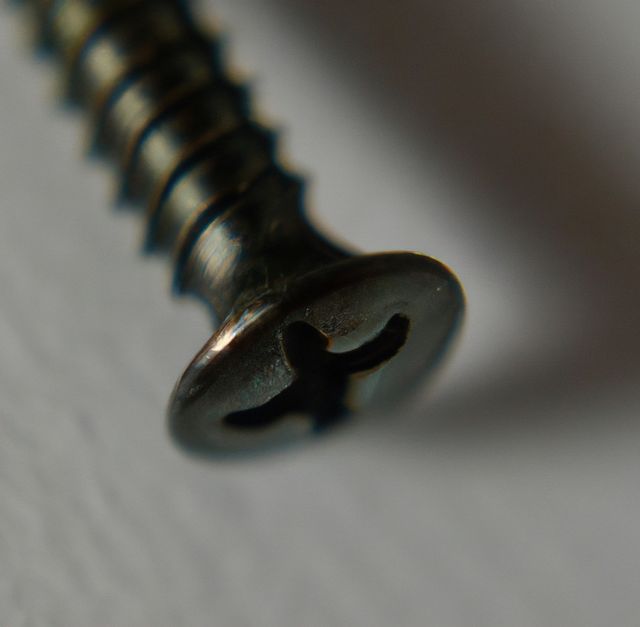 Sharp macro image showing intricate details of a metal screw. The photograph highlights the texture, structure, and threading of the screw, making it ideal for use in hardware, construction, engineering, or DIY project illustrations. It can be used in blogs, technical manuals, workshop materials, and industrial catalogs to emphasize precision and detail oriented tasks.