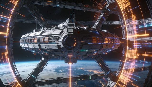 Orbiting Cylindrical Space Station with Illuminated Ring and Neon Beams Over Earth