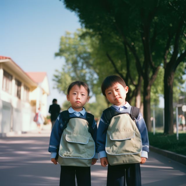 Two children in school uniforms walking under trees on sunny day, carrying backpacks. Ideal for educational websites, back-to-school promotions, and family lifestyle blogs, showcasing everyday school life.