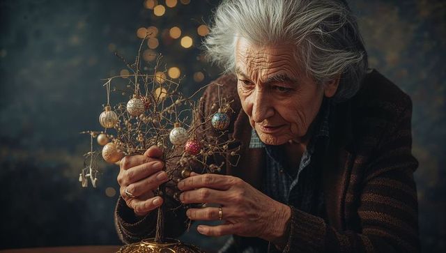 Senior Woman Creating Unique Holiday Decor with Small Metallic Tree