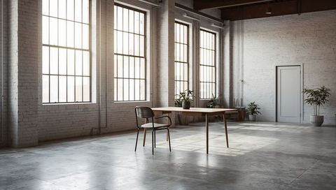Sunlight pouring through grid windows illuminating wooden table and metal chair in loft