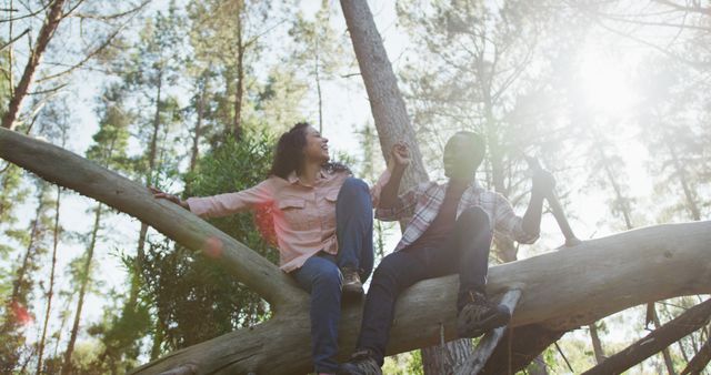 Smiling diverse couple holding hands and sitting on tree in countryside. healthy, active lifestyle and outdoor leisure time.
