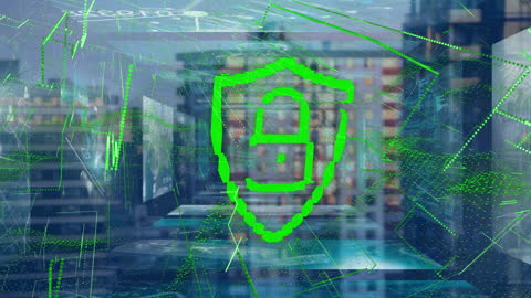 Digital Padlock Overlay on Cityscape Illustrating Cybersecurity
