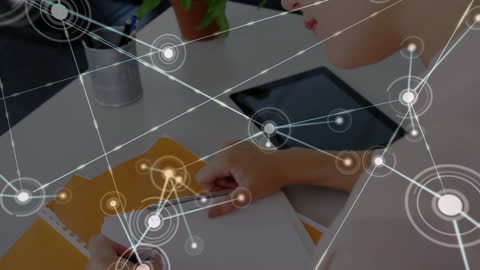 Network Connections Overlay on Woman Taking Notes