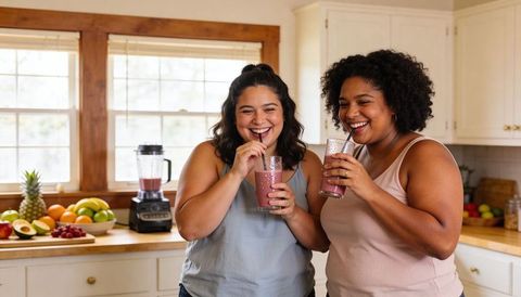 Two friends enjoying pink berry smoothies in bright sunlit home kitchen with fresh fruit