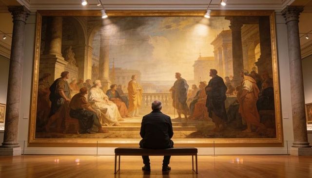 Senior visitor contemplating grand classical painting on bench in quiet museum gallery