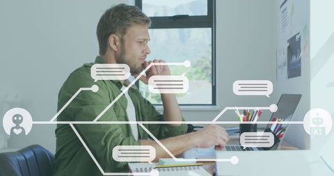 Businessman Analyzing AI Data on Laptop in Modern Office