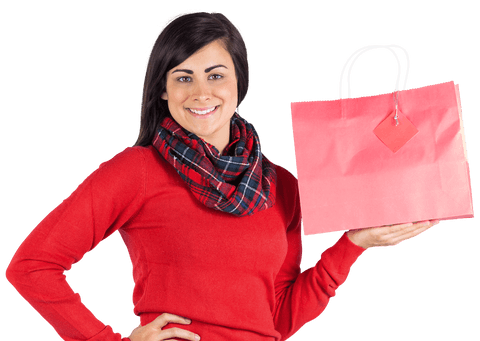 Smiling Woman Displaying Transparent Red Gift Bag, Standing Confidently