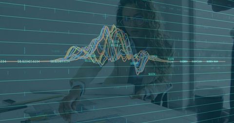 Businesswoman Analyzing Data Graphs with Technological Overlay