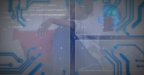 Black woman executive holding red folder over digital circuitry and analytics ui