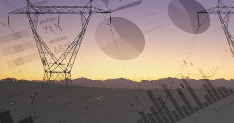 Electricity Transmission Towers with Graphical Data Overlay at Sunset - Download Free Stock Images Pikwizard.com