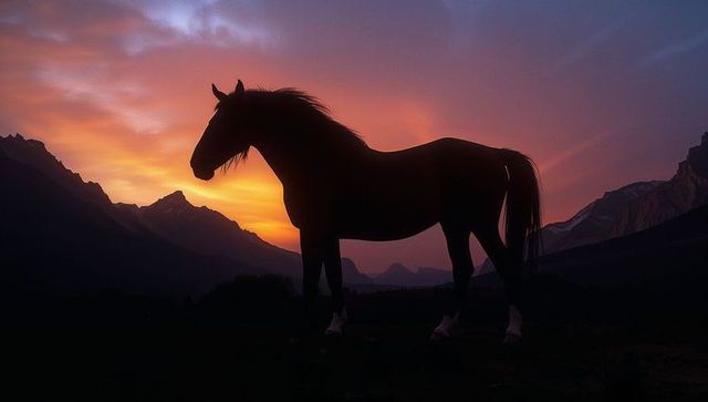 Majestic Horse Silhouette Against Vibrant Sunset in Mountains