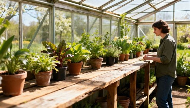 Gardener tending potted plants on sunlit greenhouse bench with herbs and bulbs