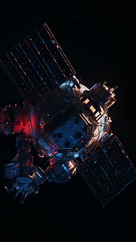 Vertical rotating modular spacecraft with pulsing thruster, solar arrays and docking hatch