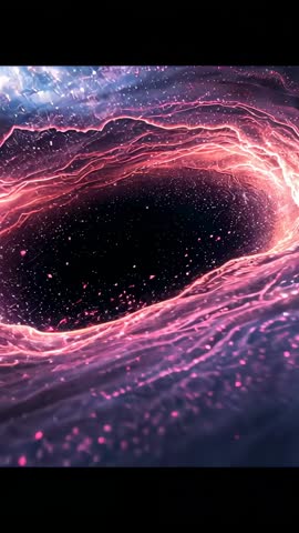 Vertical abstract energy ring pulsing and pulling magenta filaments into cosmic void