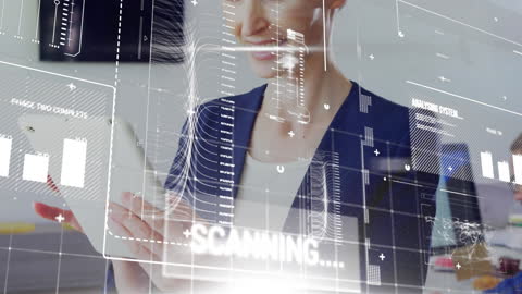 Futuristic Display Over Woman Using Tablet for Data Analysis