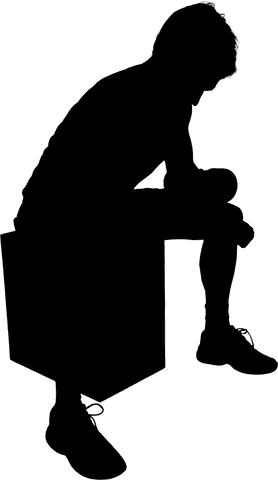 Digital silhouette of man sitting on box on transparent background