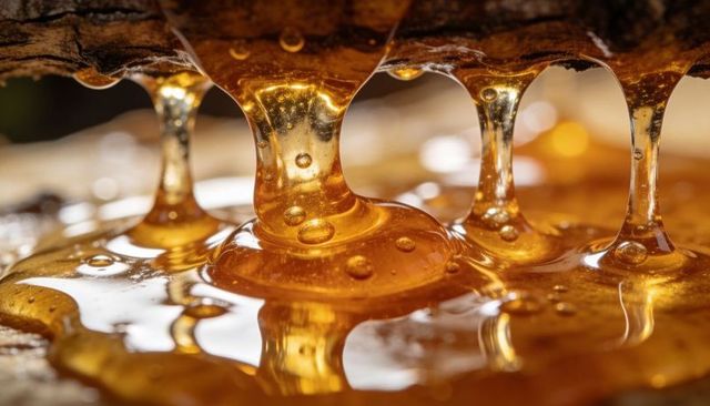 Dripping amber honey stretching from comb edge macro close-up with trapped bubbles and gloss
