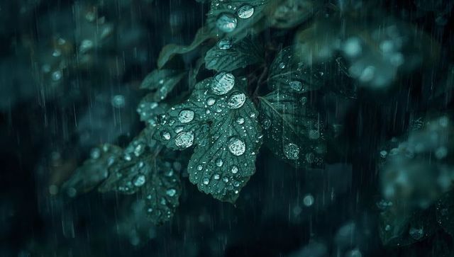 Rain-drenched lush green leaves in forest setting