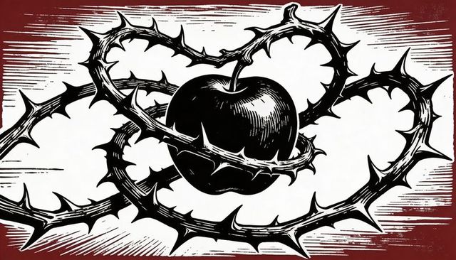 Encircling thorns embracing dark apple linocut woodcut engraving gothic symbolism