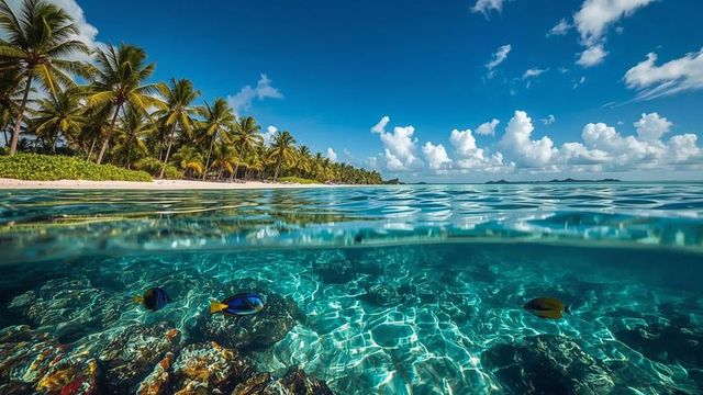 Azure Over/Under View with Coral Reef and Tropical Palms