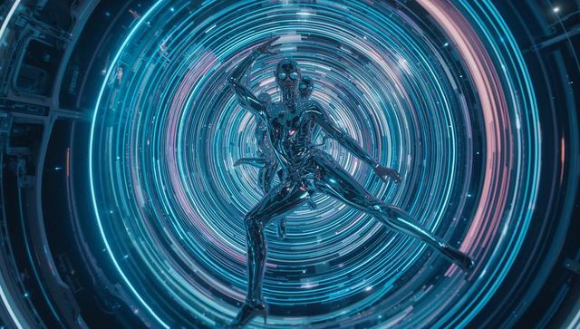 Chrome robot in spiraling neon tunnel with futuristic enhancements