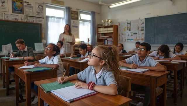 Focused Students in Bright Classroom Learning Together