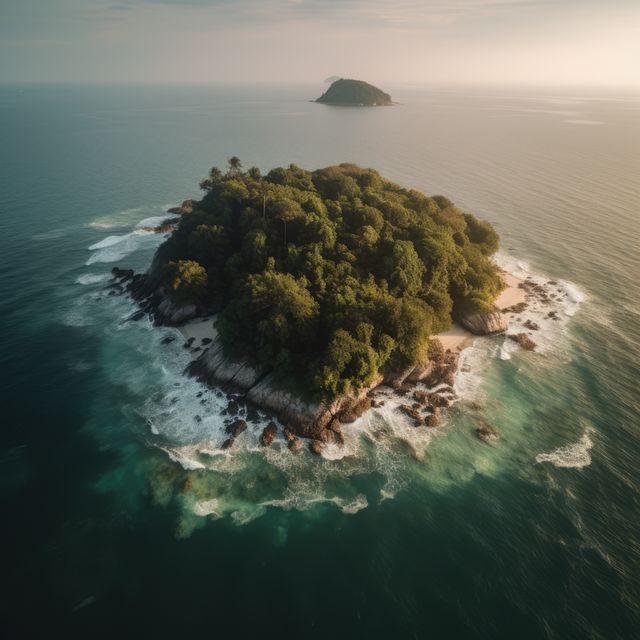 Aerial view of island in sea, with sand, rocks and trees, created using generative ai technology. Nature, tranquility, isolation and landscape concept digitally generated image.