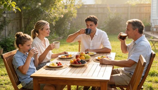 Family enjoying coffee and fresh fruit together on sunny backyard patio