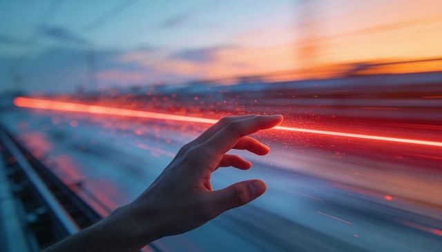 Hand reaching toward red neon light streak through wet train window at sunset, motion blur