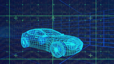 3D Rendering of Sports Car on Digital Grid