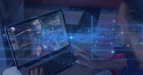 Remote collaboration on laptop with futuristic HUD data overlay and video call interface