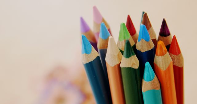 Colored pencils standing together on a pale background, showcasing their vibrant tips. This can be used for educational themes, art and craft tutorials, office supplies promotions, or school-related content.