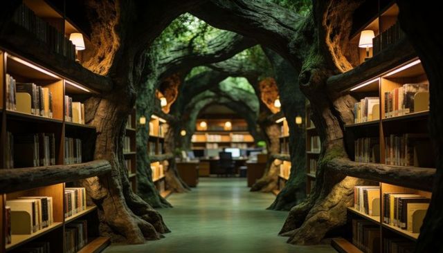 Enchanted tree-trunk library corridor guiding through mossy canopy arches and warm wood shelves
