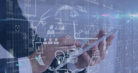 Businessman Using Tablet Technology with Digital Data Icons