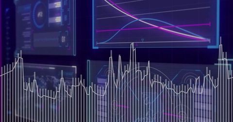 Visualizing neon analytics dashboard with translucent bar histogram and jagged line plot