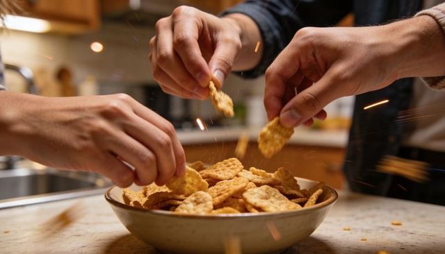 Hands reaching for crunchy square crackers in bowl on kitchen during casual gathering