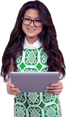 Smiling Asian Woman Holding Tablet in Office Environment