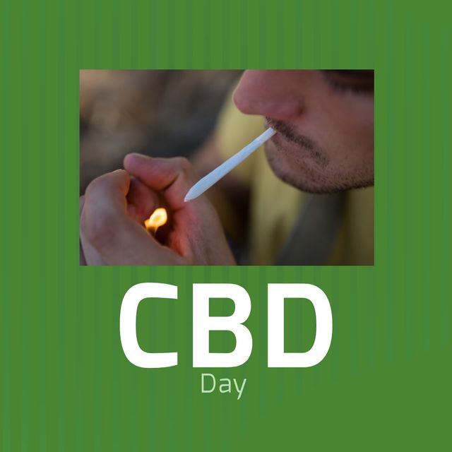 Digital composite of caucasian young man lightning marijuana with lighter and cbd day text. copy space, green, cannabis, healthy, medicine, awareness and celebration concept.
