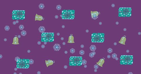 Festive christmas pattern with snowflakes and gifts on purple