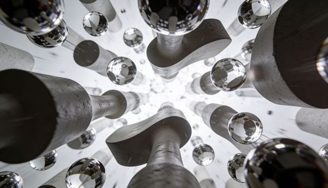 Converging metallic columns forming reflective sphere tunnel abstract sculpture