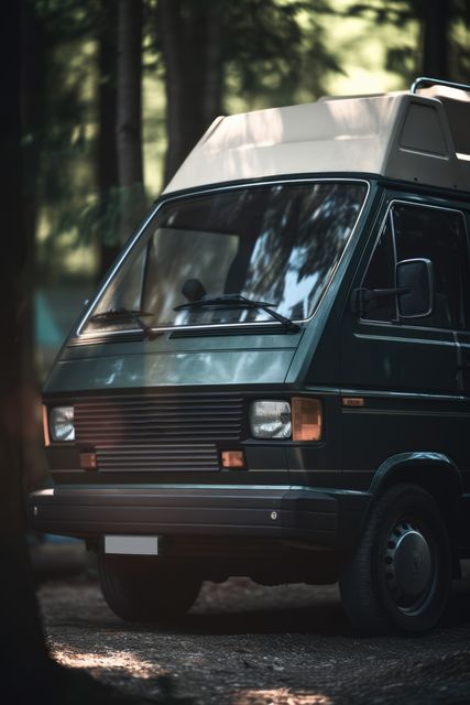Green camper van with trees in the background in forest created using generative ai technology. Transport, travel and camping concept digitally generated image.