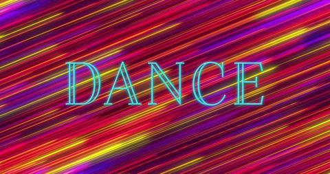 Neon Dance Text on Vibrant Diagonal Stripe Background